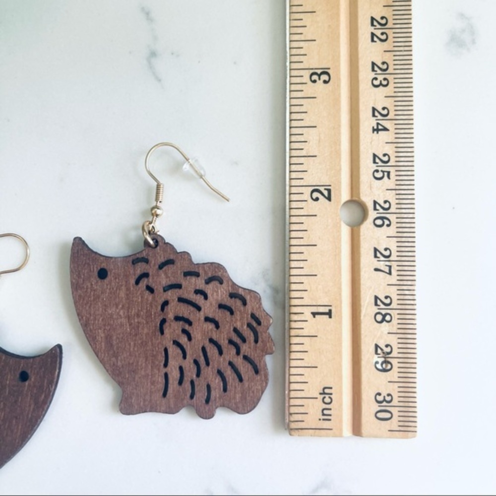 Dark Wood Hedgehog Animal Lasercut Dangle Earrings Unique New 2.5” Woodland - Picture 3 of 5